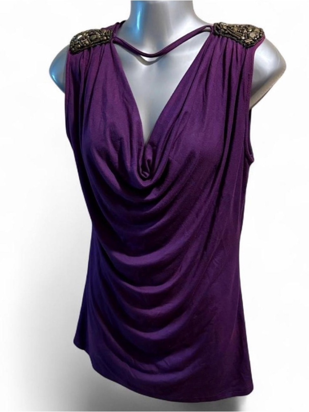 Vintage Y2K Purple Drape Neck Embellished Shoulder Sleeveless Top L